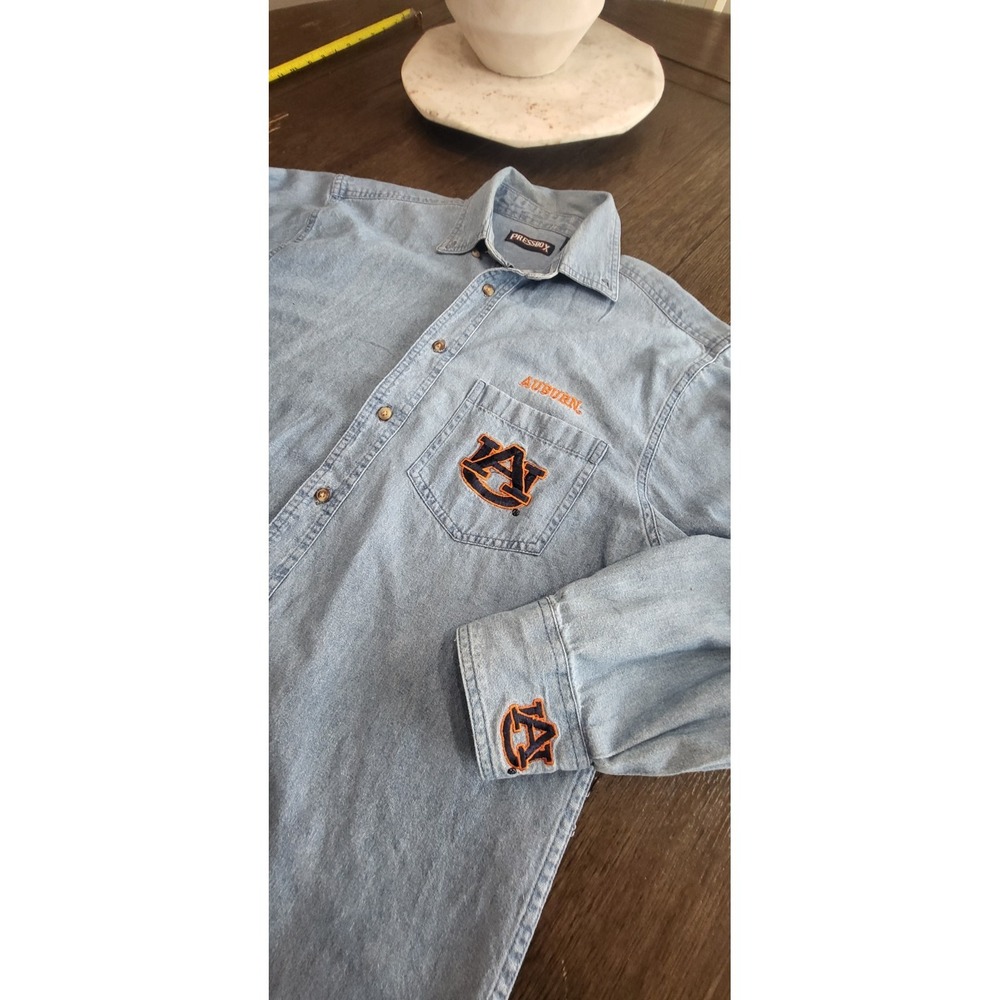 90s VTG Pressbox Medium Auburn Tigers Denim Shirt Light NCAA Button Up Football